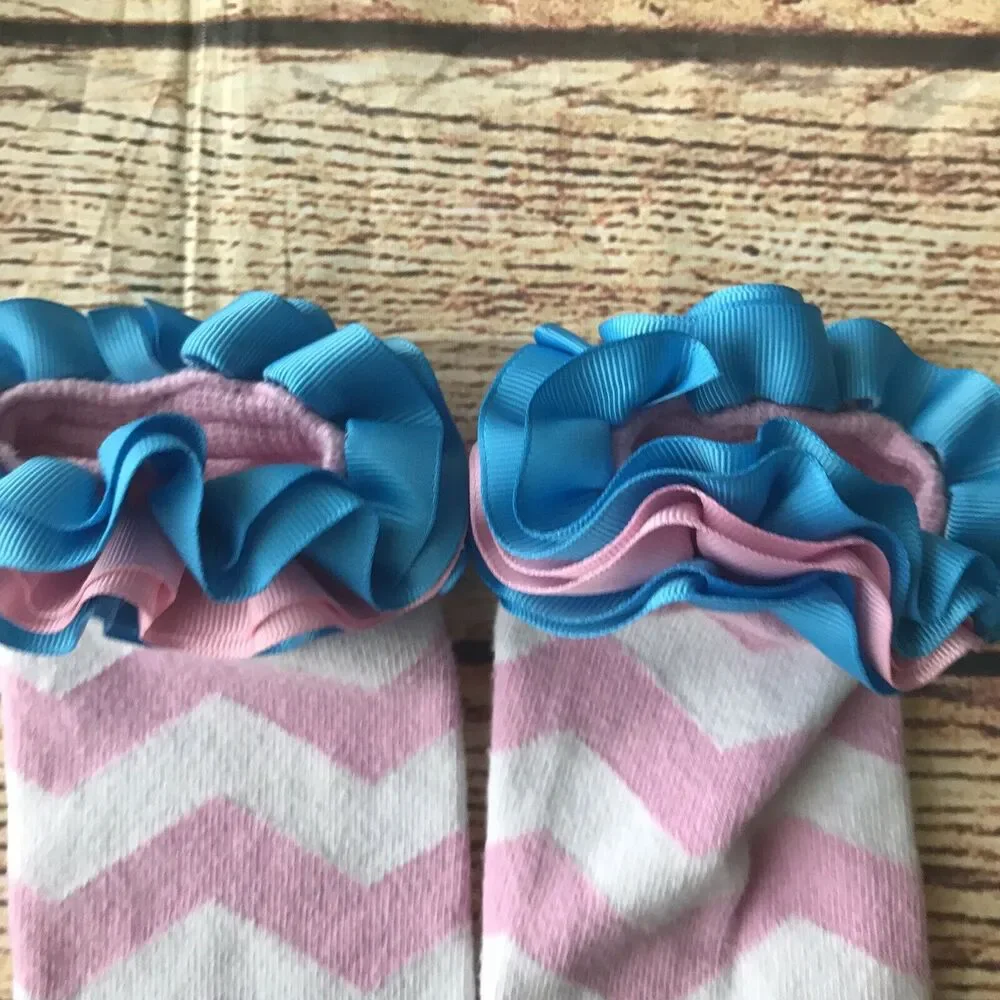 Chevron Baby Toddler Leg Warmers Pink Chevron Blue Ruffle